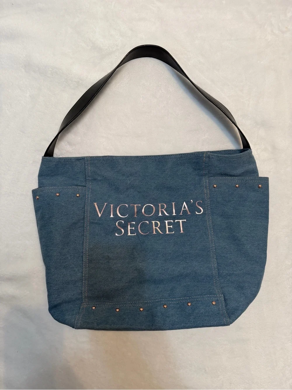 Victoria's Secret Denim Blue Canvas Tote with Black Straps